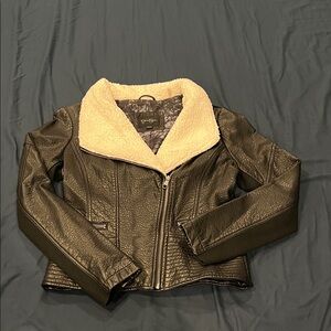 Jessica Simpson Black Leather Jacket with Cream Collar
